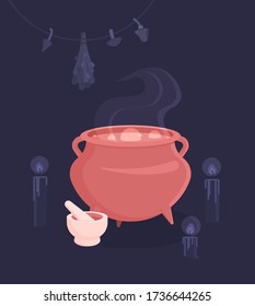 Set for witches magic ritual. A potion is brewed in a cauldron, a mortar and candles are nearby. Flat vector illustration.