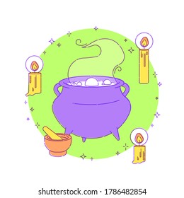 Set for witches magic ritual. A potion is brewed in a cauldron, a mortar and candles are nearby. Flat vector illustration. Outline stroke is not expanded.