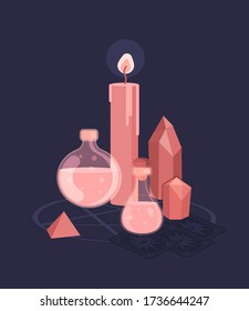 Fijado para el ritual mágico de las brujas. Brujería alrededor de velas, cristales y botellas de veneno y veneno. Ilustración vectorial plana.