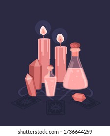 Set für Hexen Zauberritual. Hexerei um Kerzen, Kristalle und Flaschen aus Tränke und Gift. Flachvektorbild.