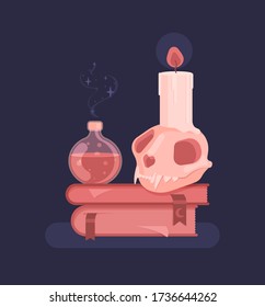 Fijado para el ritual mágico de las brujas. Brujería alrededor de velas, cristales, cráneo y botellas de veneno y veneno. Ilustración vectorial plana.