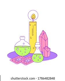 Set for witches magic ritual. Witchcraft around candles, crystals, and bottles of potion and poison. Flat vector illustration. Outline stroke is not expanded.