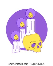 Geeignet für Hexen Zauberritual. Hexerei um Kerzen, Kristalle, Schädel und Flaschen mit Gift und Gift. Flache Vektorgrafik. Der Schlaganfall wird nicht erweitert.
