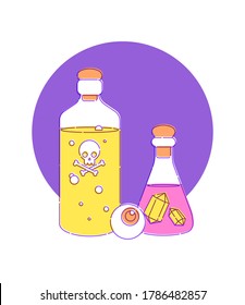 Set for witches magic ritual. Witchcraft around candles, crystals, and bottles of potion and poison. Flat vector illustration. Outline stroke is not expanded.