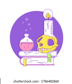 Set for witches magic ritual. Witchcraft around candles, crystals, skull, and bottles of potion and poison. Flat vector illustration. Outline stroke is not expanded.
