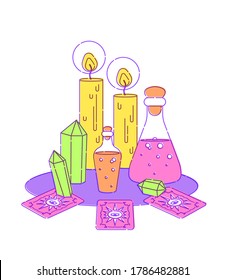 Fijado para el ritual mágico de las brujas. Brujería alrededor de velas, cristales y botellas de veneno y veneno. Ilustración vectorial plana. El contorno no se expande.