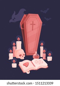 Set of witches. Magical potions, a witchcraft book with an ouija arrow, candles, a skull, a ghost and bats fly out of a coffin. Flat vector illustration.