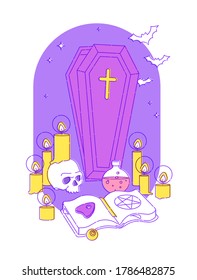 Set of witches. Magical potions, a witchcraft book with an ouija arrow, candles, a skull, bats fly out of a coffin. Flat vector illustration. Outline stroke is not expanded.