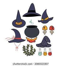 Set with witches pointed hats, cauldron on fire, potions; mushrooms and herb vector clip art isolated on white background