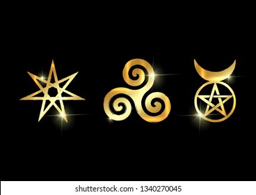 Set of Witches runes, golden wiccan divination symbols. The Elven star or the Seven-pointed Star, the Triskele or Triskelion, the Horned God. Gold shiny Ancient occult symbols vector isolated on black