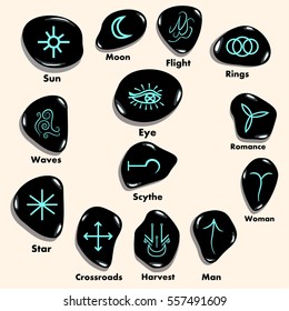 Set Of  Witches Runes, Wiccan Divination Symbols. Ancient Occult Symbols,  On White. Vector Illustration.