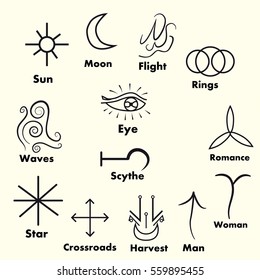 Set of  Witches runes, wiccan divination symbols. Ancient occult symbols,  on white. Vector illustration.