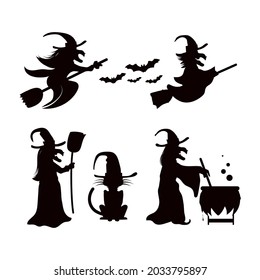 set of witches silhouette illustration design, flat witches element collection  template vector