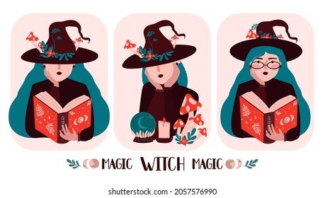 Set of witches vector flat portrait illustration. Witch in hat with magic book in hand, with sphere, candle, fly agaric. Halloween, magical, mystic illustration for merch, decor, card.