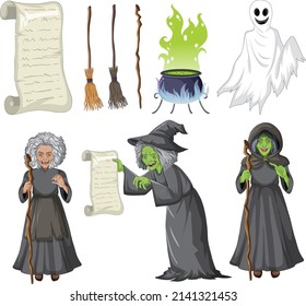 Set of witches and wizard objects illustration