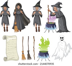 Set of witches and wizard objects illustration