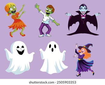 Set of witches zombie vampire ghost Halloween for the holiday. Realistic kind joyful smile. Collection of objects. Design elements isolated on purple background. Vector illustration