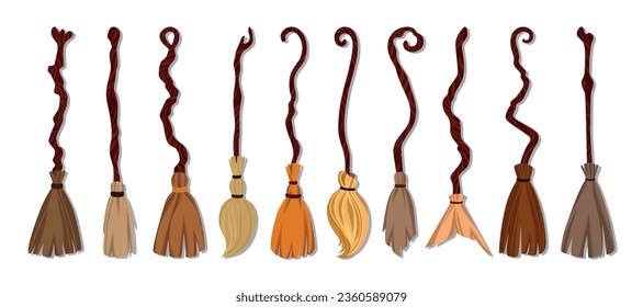 Set of a witch's broom. Collection of broomstick from a tree for Halloween. Equipment tool for cleaning spiderweb. Vector illustration of scary accessory items.