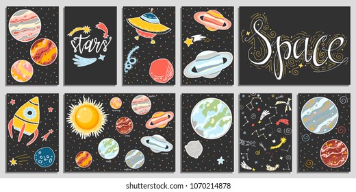 Set with10 ready to use cards with cosmos, plants, stars, spaces. Vector. For your awesome design