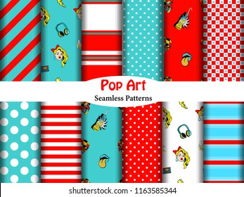 Set with12 seamless patterns with colorful pop art objects with headphones, girl, stars,  cassette, skulls