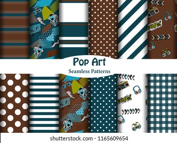 Set with12 seamless patterns with colorful pop art objects with headphones, stars, skulls, lizard, recorder