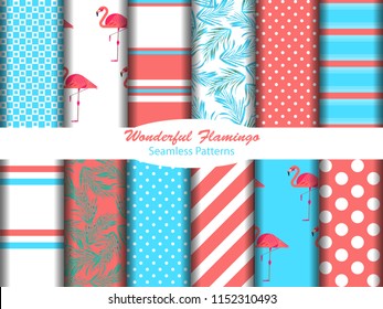 Set with12 seamless patterns with flamingos and leaves