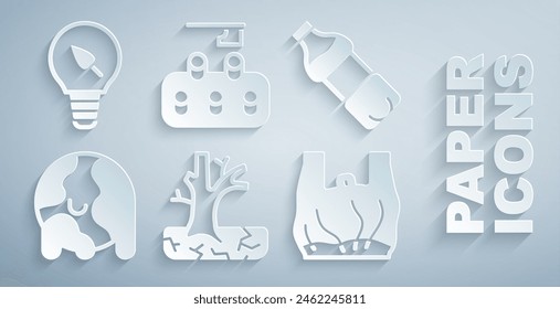 Set Withered tree, Bottle of water, Global warming, Say no to plastic bags poster, Deforestation and Light bulb with leaf icon. Vector