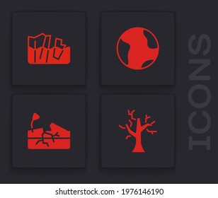 Set Withered tree, Glacier melting, Earth globe and Earthquake icon. Vector