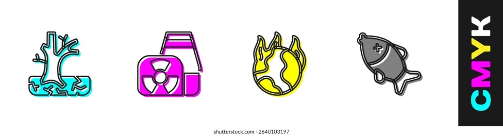 Set Withered tree, Nuclear power plant, Global warming fire and Dead fish icon. Vector