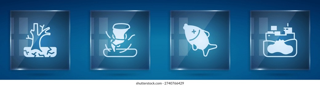 Set Withered tree, Tornado, Dead fish and Wrecked oil tanker ship. Square glass panels. Vector