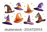 Set of wizard hats, witch hats. Cone hats, high headwear with metal buckles. Vector illustrations on white background