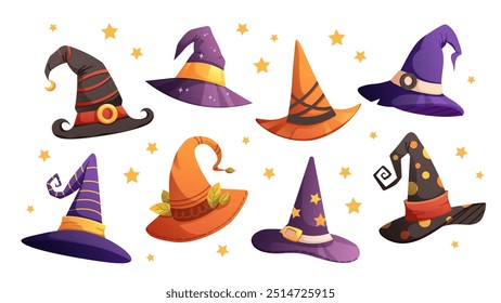 Set of wizard hats, witch hats. Cone hats, high headwear with metal buckles. Vector illustrations on white background