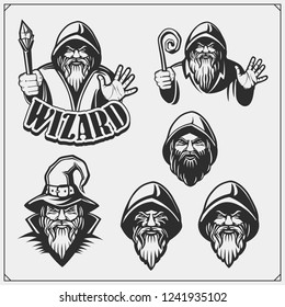 Set of wizard or magician emblems, labels and design elements. Illustrations of sorcerer with black pointed hat and cloak.