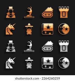 Set Wizard warlock, Castle tower, Moon and stars, Ancient magic book, Unicorn, Ticket, Magician and Zombie hand icon. Vector