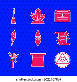 Set Wizard warlock, Magic hat, Masons, Ancient magic book, staff, feather, Antique treasure chest and Witches broom icon. Vector