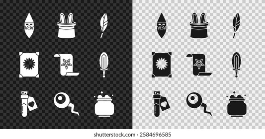 Set Wizard warlock, Magician hat and rabbit ears, feather, Bottle with love potion, Eye, Witch cauldron, Ancient magic book and  icon. Vector