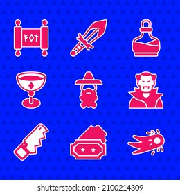 Set Wizard warlock, Ticket, Fireball, Vampire, Hand saw, Medieval goblet, Bottle with potion and Magic scroll icon. Vector