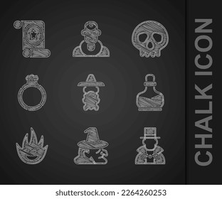 Set Wizard warlock, Witch, Magician, Bottle with potion, Fire flame, stone ring gem, Skull and scroll icon. Vector