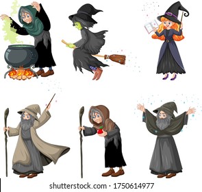 Set of wizard or witches with magic tools cartoon style isolated on white background illustration