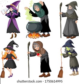 Set of wizard or witches with magic tools cartoon style isolated on white background illustration