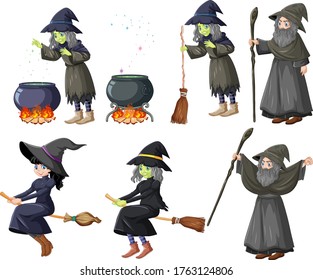 Set of wizard or witches and tools cartoon style isolated on white background illustration