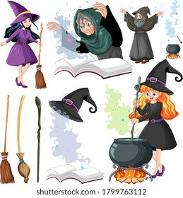 Set of wizard or witches and tools cartoon style isolated on white background illustration