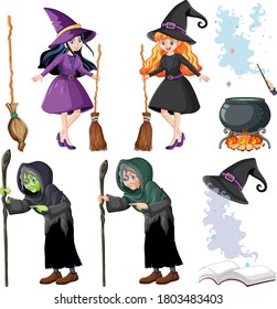 Set of wizard or witches and tools cartoon style isolated on white background illustration