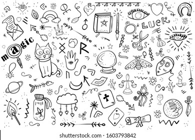 Set Wizardry and witchcraft. Collection of magic and love design elements. Crystal ball, ingredients for magic potion, fortune telling. Scrapbook Halloween, Valentine's Day - 14 February.