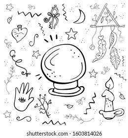 Set Wizardry and witchcraft. Collection of magic and love design elements. Crystal ball, ingredients for magic potion, fortune telling. Scrapbook Halloween, Occultism and the sacrament.