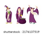A set of wizards. Vector illustration. Forest wizards are preparing a potion. A sorcerer