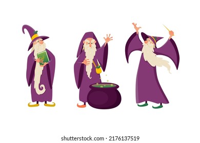 A set of wizards. Vector illustration. Forest wizards are preparing a potion. A sorcerer's character in a costume, a sorcerer, a Wizard, a magician's spell, witchcraft and a magic illustration
