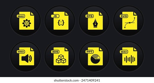 Set WMA file document, 3DS, PPT, EPS, JS, WAV and MAX icon. Vector