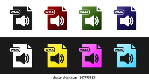 Set WMA file document. Download wma button icon isolated on black and white background. WMA file symbol. Wma music format sign.  Vector Illustration