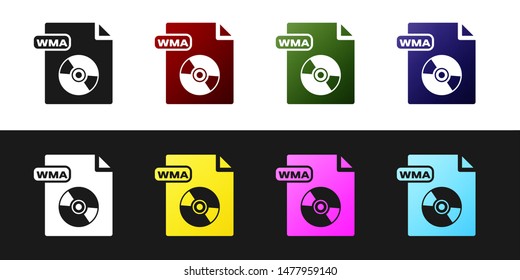Set WMA file document. Download wma button icon isolated on black and white background. WMA file symbol. Wma music format sign.  Vector Illustration